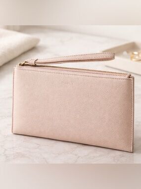 FURLA  Clutch Wristlet Candy Rose Pink Saffiano Leather Wallet Gold Logo EUC